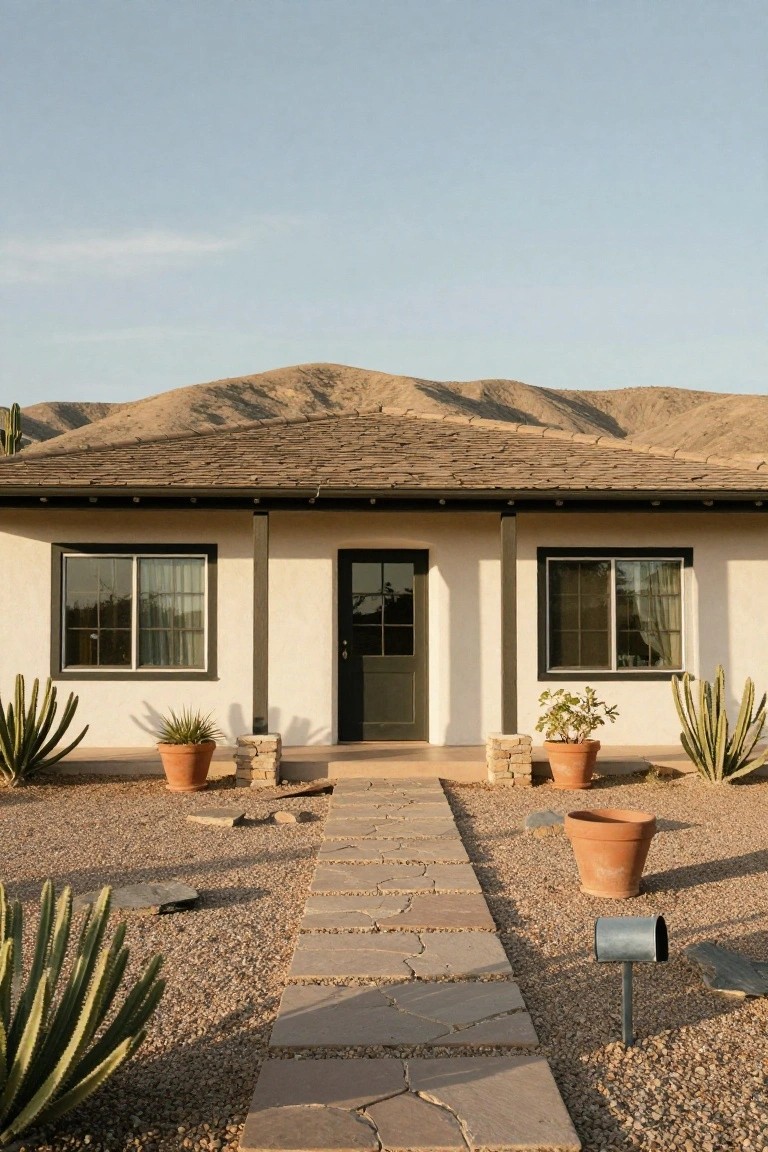 White stucco single-story house with black-framed windows, dark green front door, terracotta tile roof, wooden posts, stone pathway leading to entry, gravel yard with potted plants and cacti, desert mountains in background.