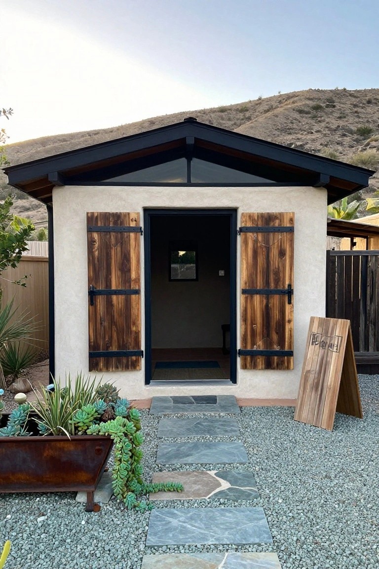 Small beige stucco outbuilding with dark wooden shutters open beside black entry door, black-trimmed peaked roof with glass panel, stone path, gravel yard, potted succulents, wooden sign, desert hill backdrop.