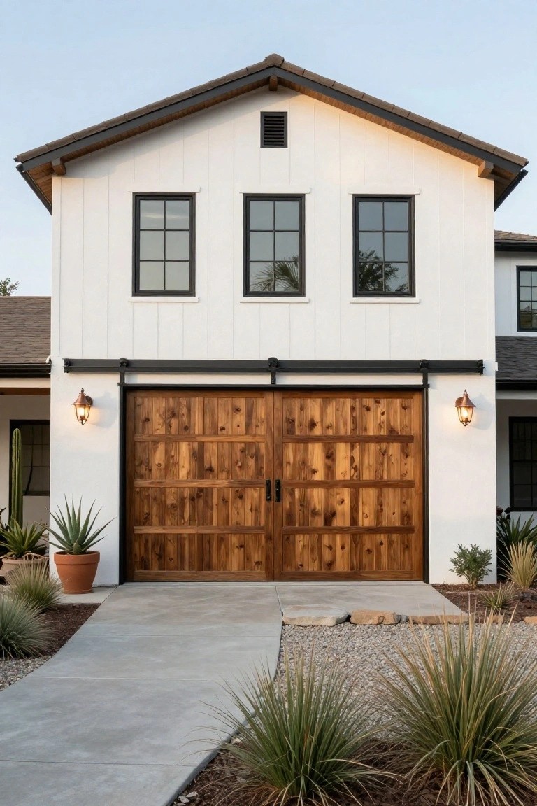 White board-and-batten siding on a two-story garage with large brown wooden sliding barn doors, black-framed grid windows above, copper lantern lights on each side, and desert plants including agave along the concrete driveway.