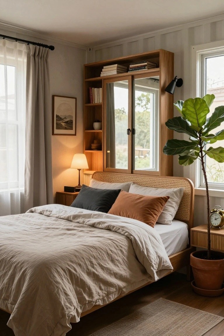 Cozy bedroom interior with rattan headboard bed, adjacent wooden built-in shelving and mirrored wardrobe unit, large windows with sheer curtains, fiddle leaf fig plant in terracotta pot, brass alarm clock on side table, and warm lamp lighting on light wood floors.