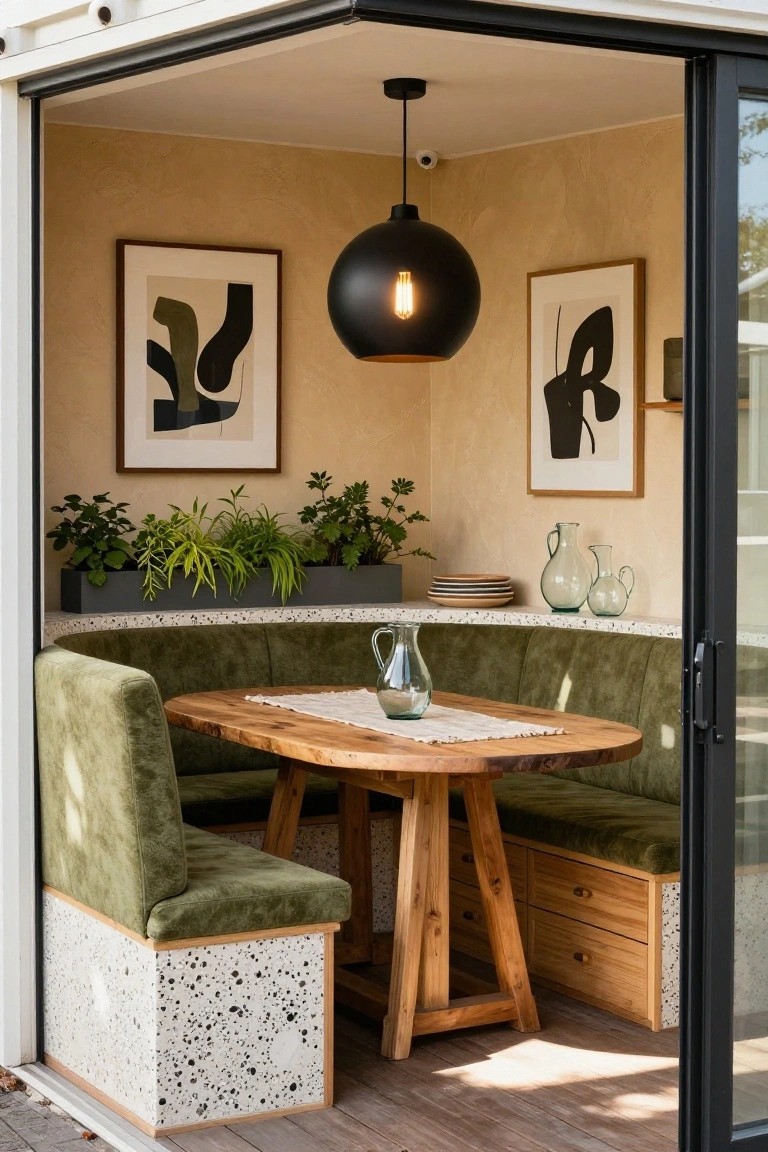 Interior corner of a modern room with green velvet built-in bench seating around a wooden table, abstract framed art on beige walls, potted plants, glass vases on a terrazzo ledge, black pendant light, and open sliding glass door to wooden deck.