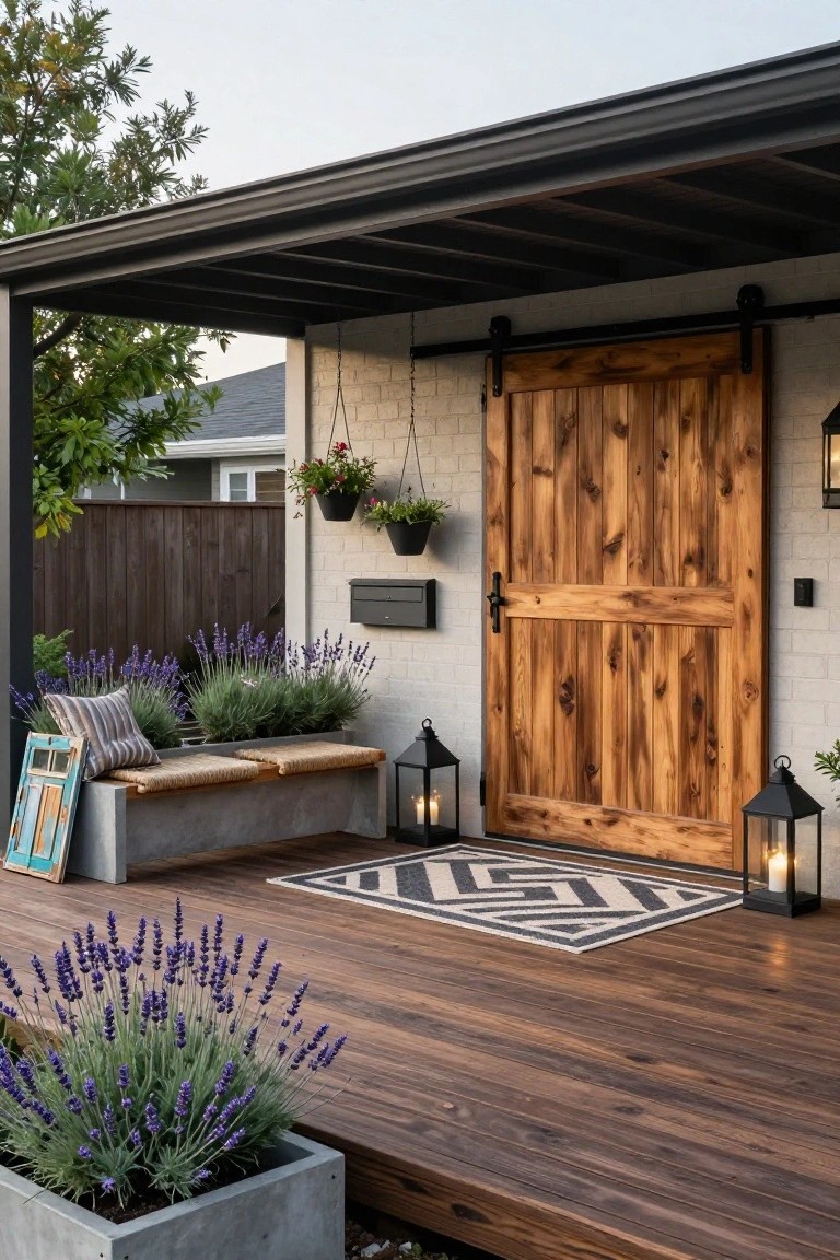 Covered front porch with large wooden sliding barn door on white brick wall, built-in concrete bench with cushions and pillows, potted lavender plants, hanging lanterns, patterned rug on wooden deck, and metal mailbox.