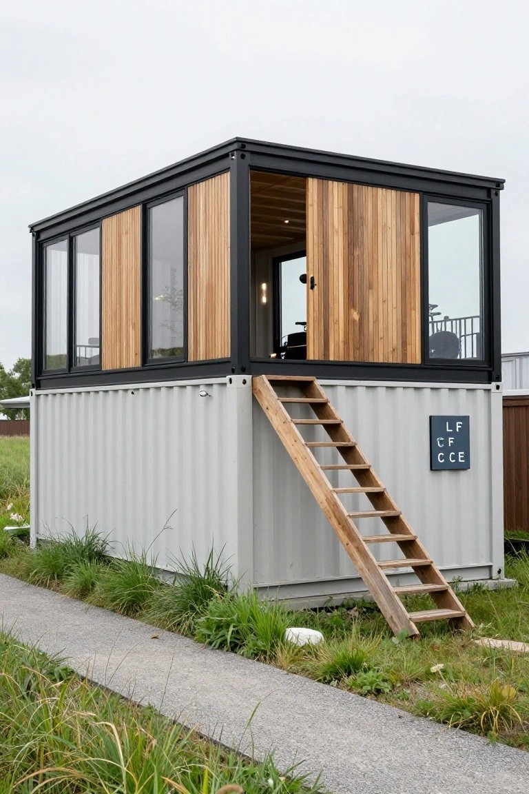 Gray shipping container base with black metal frame supporting an upper wooden-clad structure featuring vertical slats, large glass windows, and an open door, accessed by external wooden stairs, surrounded by grass and a gravel path.