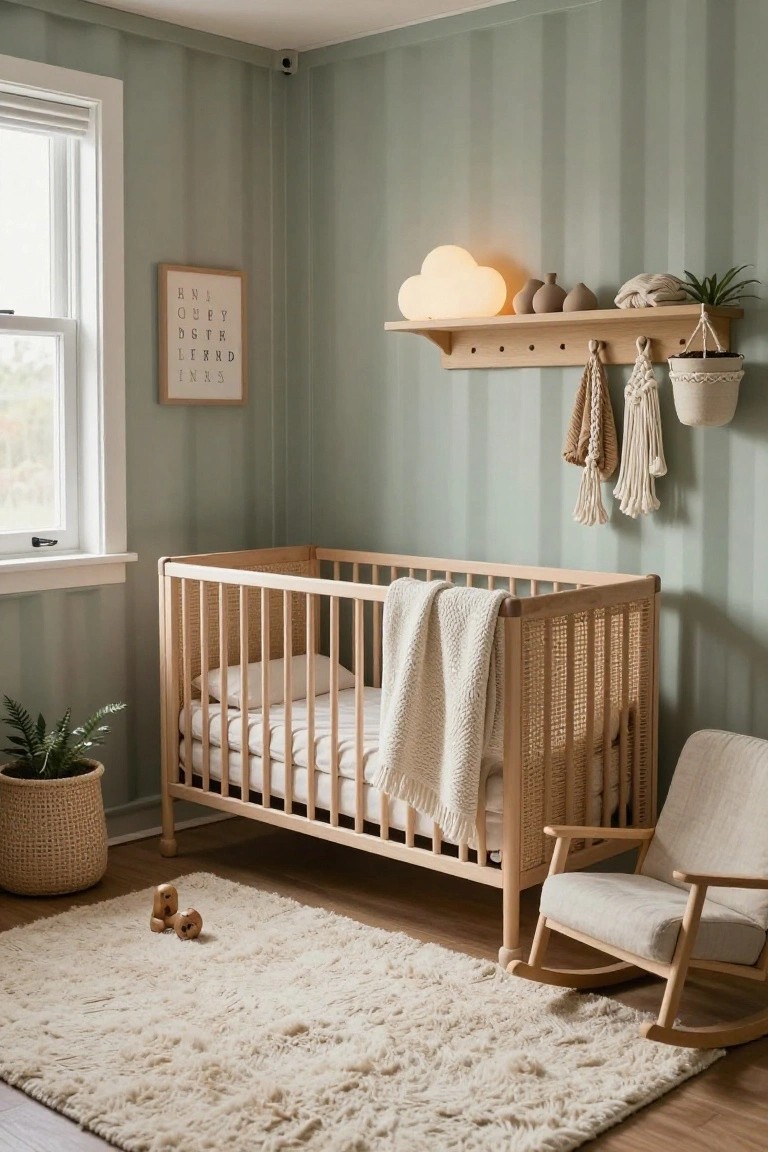Nursery room with pale green vertical striped walls, blonde wood crib with rattan sides and white bedding, wooden rocking chair on fluffy white rug, wall shelf holding cloud-shaped lamp, pottery, plants and macrame, potted plant in woven basket, wooden toys on floor.