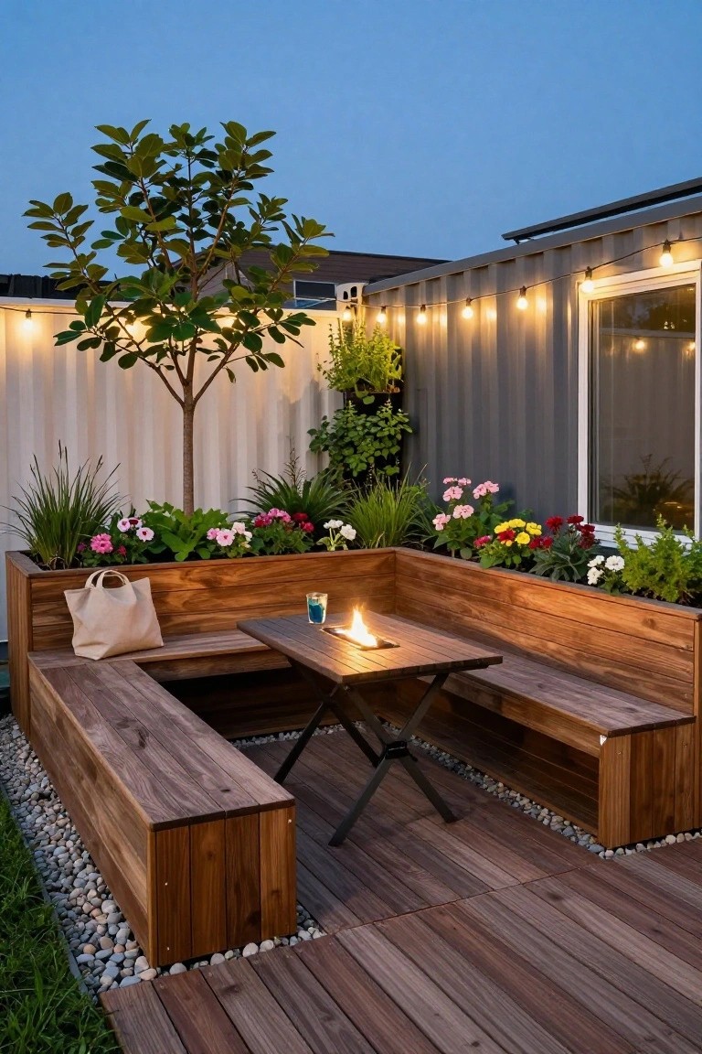 Wooden L-shaped benches integrated into raised planters surround a small folding table with a lit fire pit in an outdoor patio area next to a gray shipping container wall, with string lights, various flowers, and gravel edging.