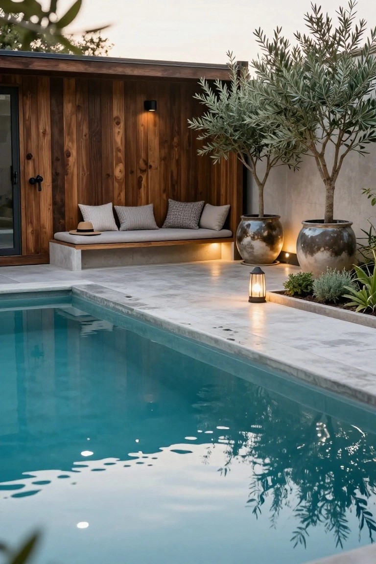 Poolside concrete bench with beige cushions and a hat against a wooden cabana wall, next to a turquoise swimming pool, with potted olive trees, lanterns, and low ground plants.
