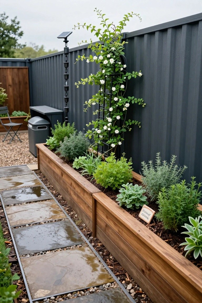 Raised wooden planter bed filled with herbs, greens, and labeled kale along a wet stone pathway next to a dark metal fence with climbing white roses on a trellis and solar-powered lamp post.