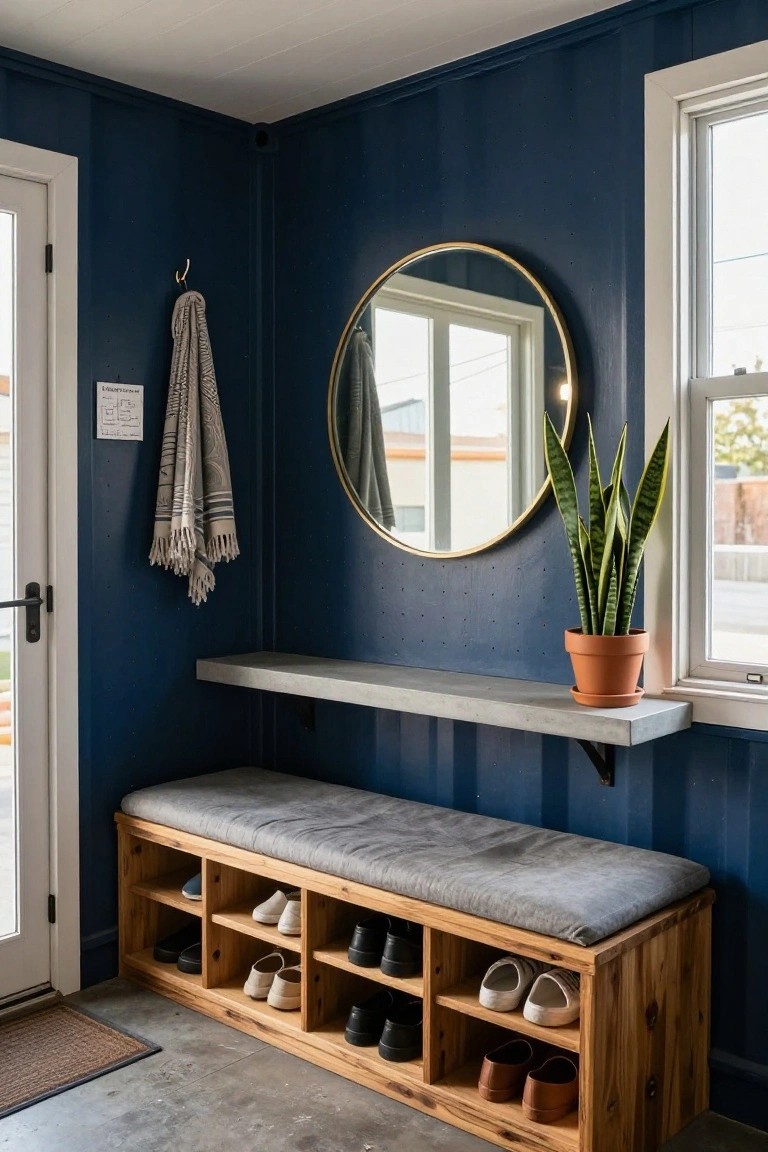 Navy shiplap-walled entryway with wooden bench featuring gray cushion and open shoe cubbies, floating concrete shelf above, gold round mirror, hanging towel on hook, and snake plant on windowsill.