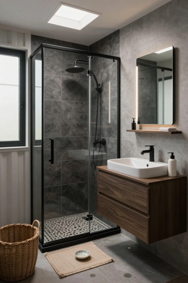 Modern bathroom with black-framed glass walk-in shower enclosure featuring dark gray tiles and pebble floor, floating wood vanity with white sink and black faucet, wall mirror, and wicker laundry basket on the floor.