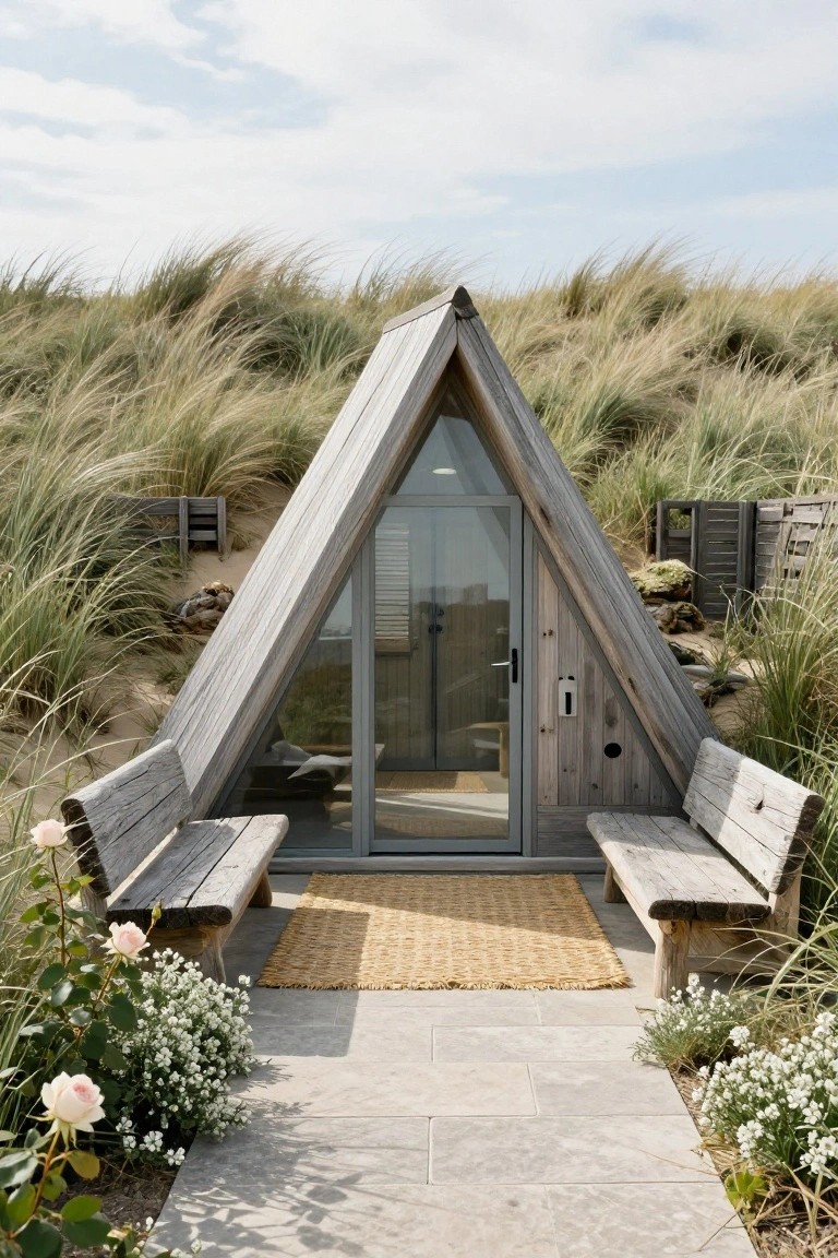 Small gray wooden A-frame cabin with triangular roof and large glass front door embedded in sand dunes surrounded by beach grass, flanked by weathered wooden benches on a stone path with flowers nearby.