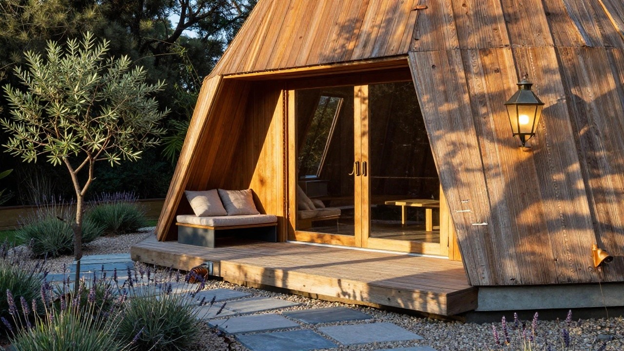 Triangular wooden A-frame cabin with gray glass front door on an elevated deck, flanked by lavender plants, gravel ground, and stone steps.