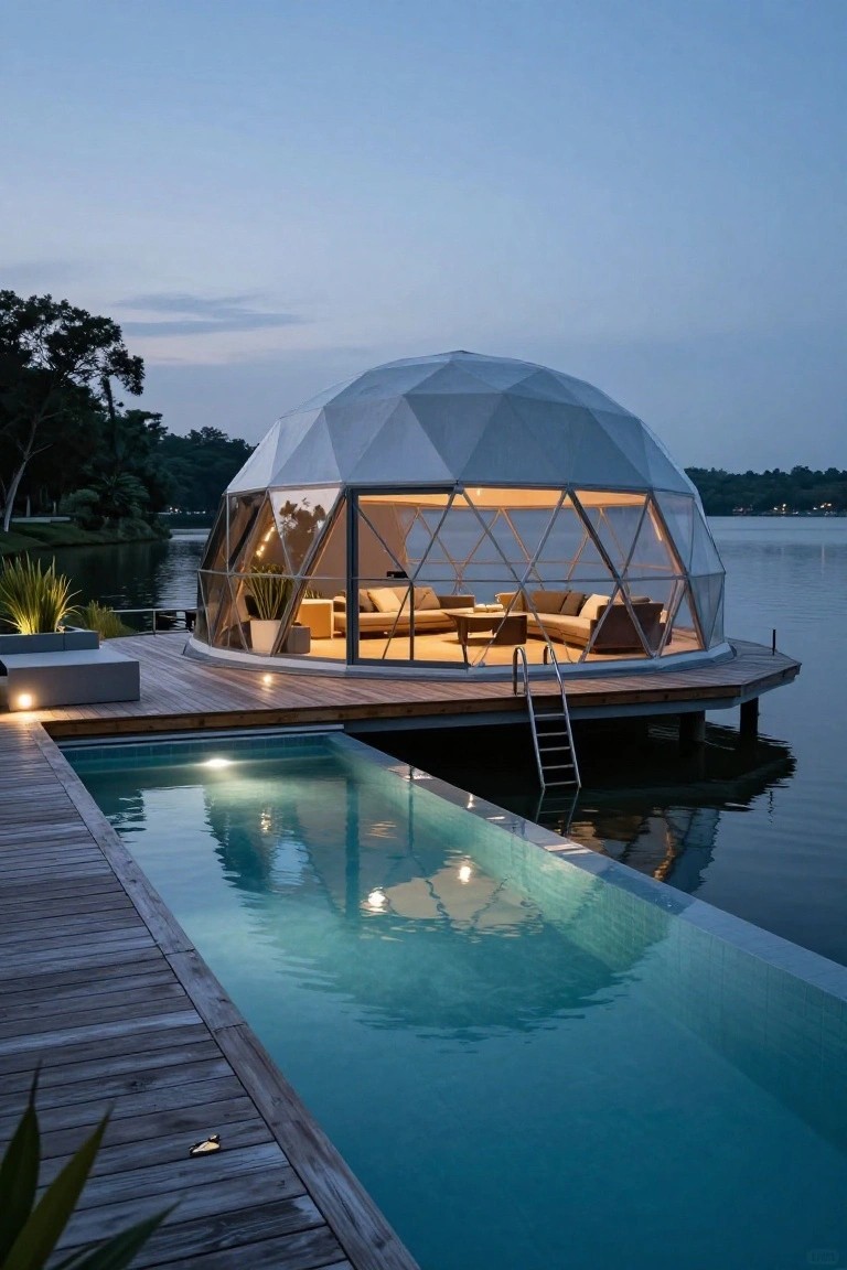 White geodesic dome structure with glass panels on a wooden dock over a lake at dusk, featuring interior lounge seating, an adjacent infinity-edge pool, and tropical plants nearby.