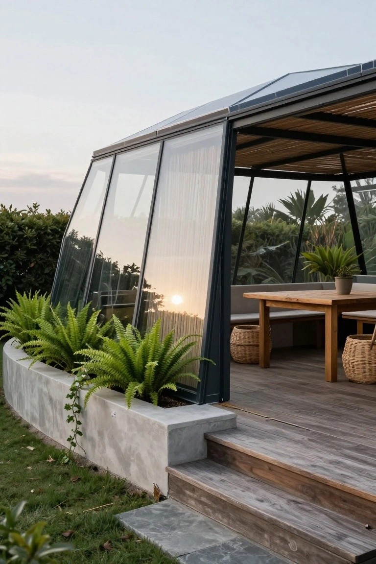 Geodesic glass pavilion structure with wooden dining table, benches, and potted plants on a wooden deck surrounded by ferns and tropical greenery at sunset.