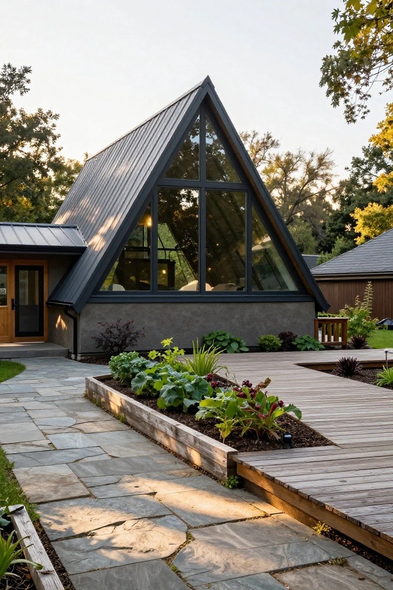 Exterior of a black metal-roofed A-frame house with large triangular window, gray stucco siding, wooden entry door, stone pathway, raised garden beds, and wooden deck edge in a wooded yard.