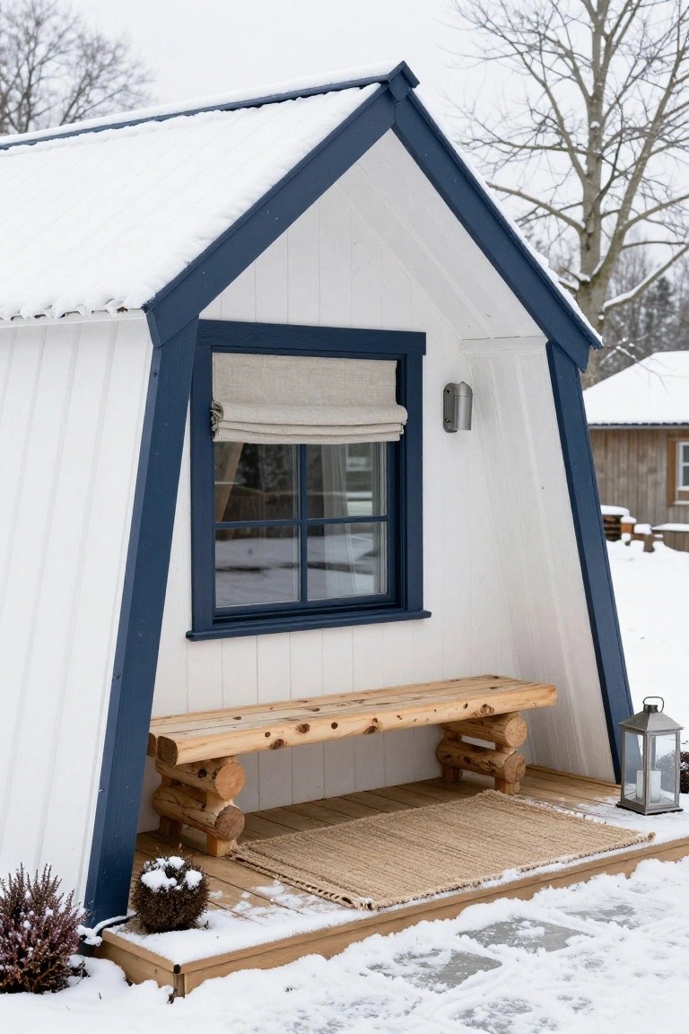 Snowy white cabin with blue trim, wooden bench, and doormat.
