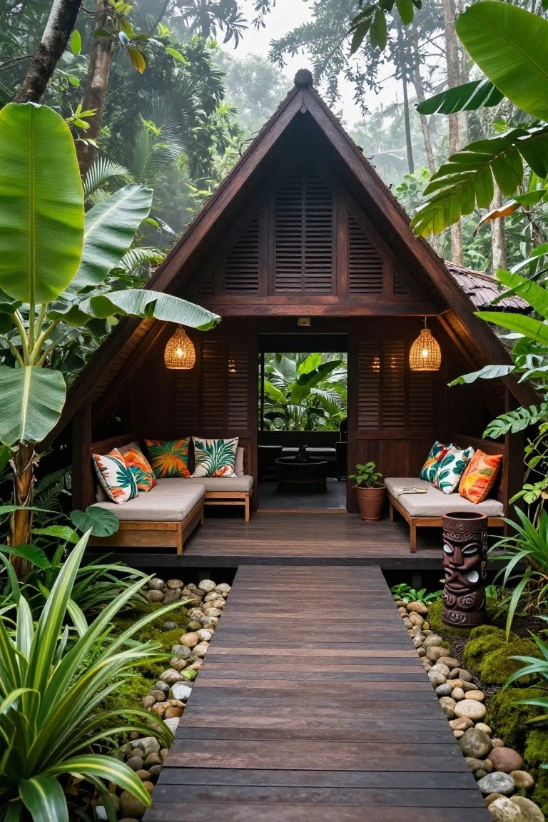 Straight wooden boardwalk with edges lined by rounded pebbles, moss, and low plants, leading through lush tropical foliage to the open entrance of a peaked-roof wooden pavilion featuring cushioned benches and hanging lanterns.