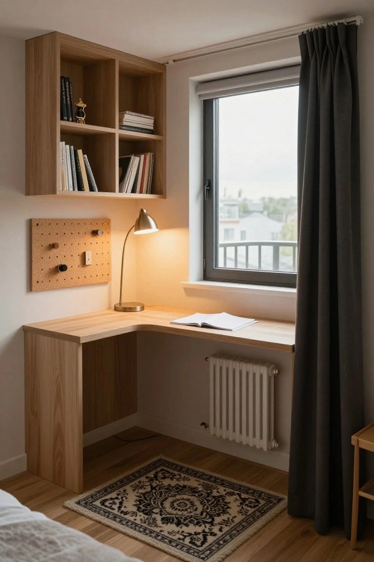 Wooden L-shaped corner desk with open oak shelves above holding books and decor, brass desk lamp, corkboard on wall, large window with gray curtains and roller shade, white radiator below window, and patterned rug on wooden floor in a bright room.