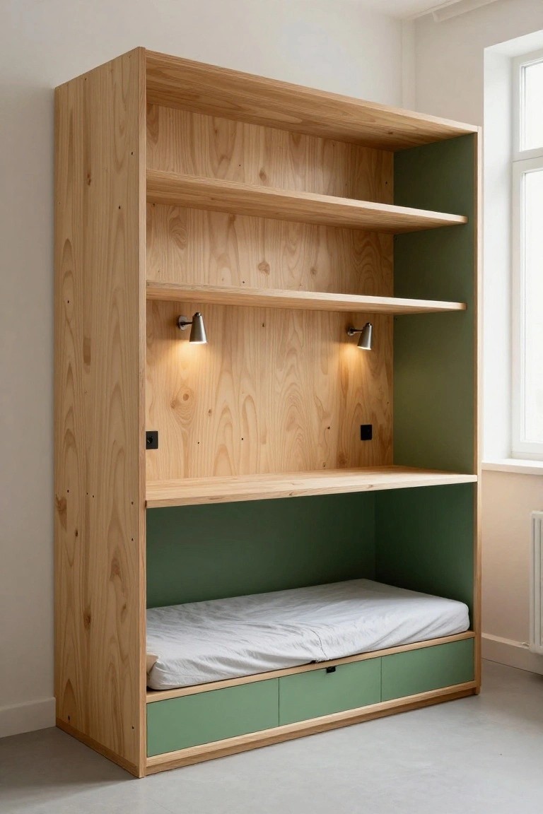 Tall pine wood shelving unit with integrated desk, bed platform with mattress, wall-mounted lights, power outlets, and green side panels in a bright room.