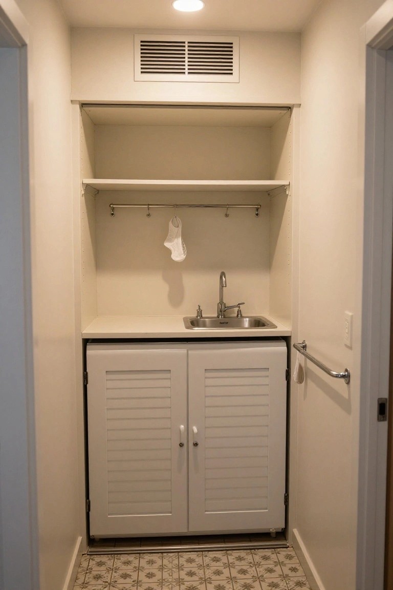 Narrow indoor utility room with white open shelves, hanging rod with white sock, stainless steel sink on countertop, and louvered cabinet doors below, against beige walls and patterned tile floor.