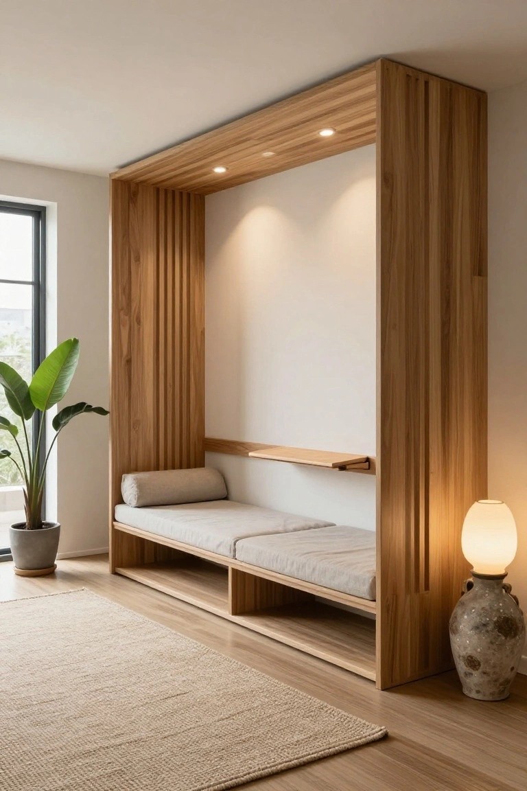 Wooden framed alcove with cushioned bench seat, pillow, shelf, potted banana plant, white lamp, and ceramic vase on light wood floor next to beige rug and window.