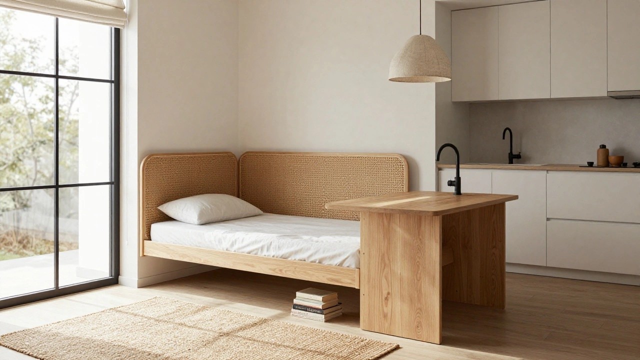 Small interior room with low wooden bed next to oak kitchen cabinets and black faucet sink, wooden dining table with two chairs, corner wall-mounted wooden shelves with books, beige seagrass rug on oak floors, and window with linen blind.