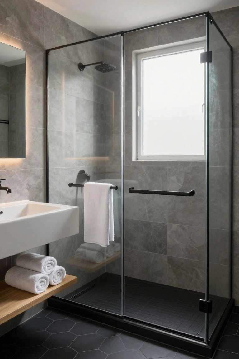 Compact modern bathroom with corner shower enclosed by black metal-framed glass panels, light gray porcelain tiled walls, white undermount sink on gray tile vanity, wood shelf holding rolled white towels, black hexagonal floor tiles, and a small window.