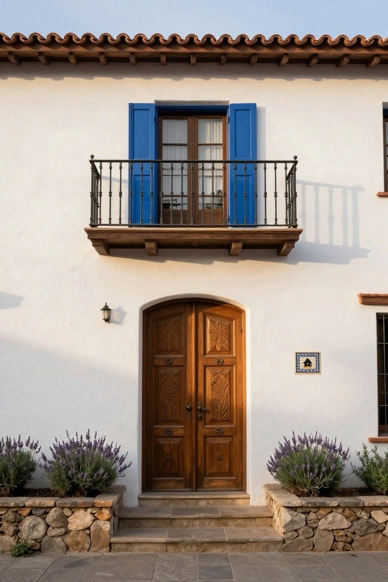 White stucco house facade with terracotta tile roof, blue shuttered balcony above a carved wooden arched double entry door, flanked by lavender plants in stone beds, and stone steps leading to tiled entry path.