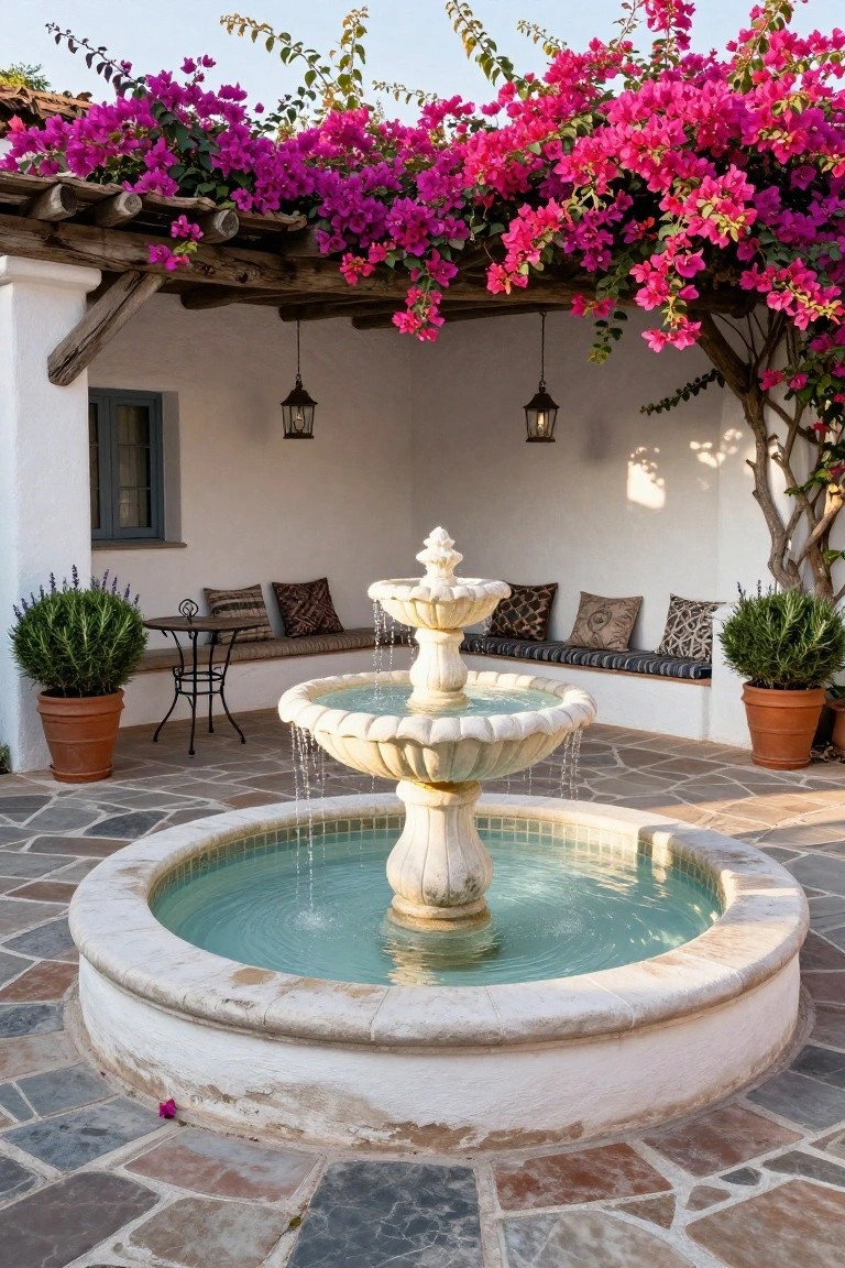 White tiered stone fountain in a circular tiled pool with built-in cushioned bench seating along the edge, on a stone-tiled patio under a wooden pergola covered in pink bougainvillea vines, flanked by potted plants, a small table, and hanging lanterns against white stucco walls.