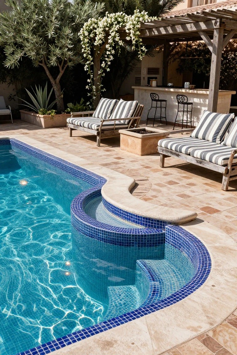 Curved swimming pool with blue mosaic tiled edges and steps leading into the water, surrounded by terracotta decking, wooden lounge chairs with striped cushions, bar stools under a pergola, and potted plants.