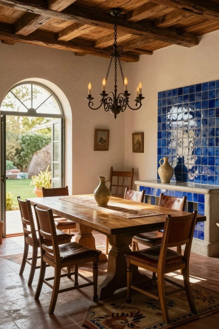 Rustic dining room interior with long wooden table and leather chairs, blue tiled wall behind sideboard with pottery, wooden beamed ceiling, chandelier, and French doors open to garden and landscape.