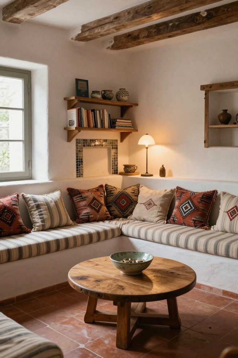 Rustic interior corner room with white walls, exposed wooden ceiling beams, L-shaped built-in bench on terracotta tile floor upholstered in striped fabric with colorful patterned pillows, round wooden table holding a green bowl, wall shelves with books and pottery, and a lamp.