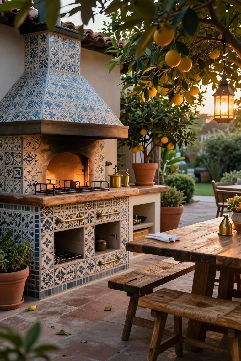 Blue tiled wood-fired oven built into an outdoor kitchen counter with fire inside, wooden countertop, brass details, potted plants, lemon trees, rustic wooden table and benches on terracotta patio.