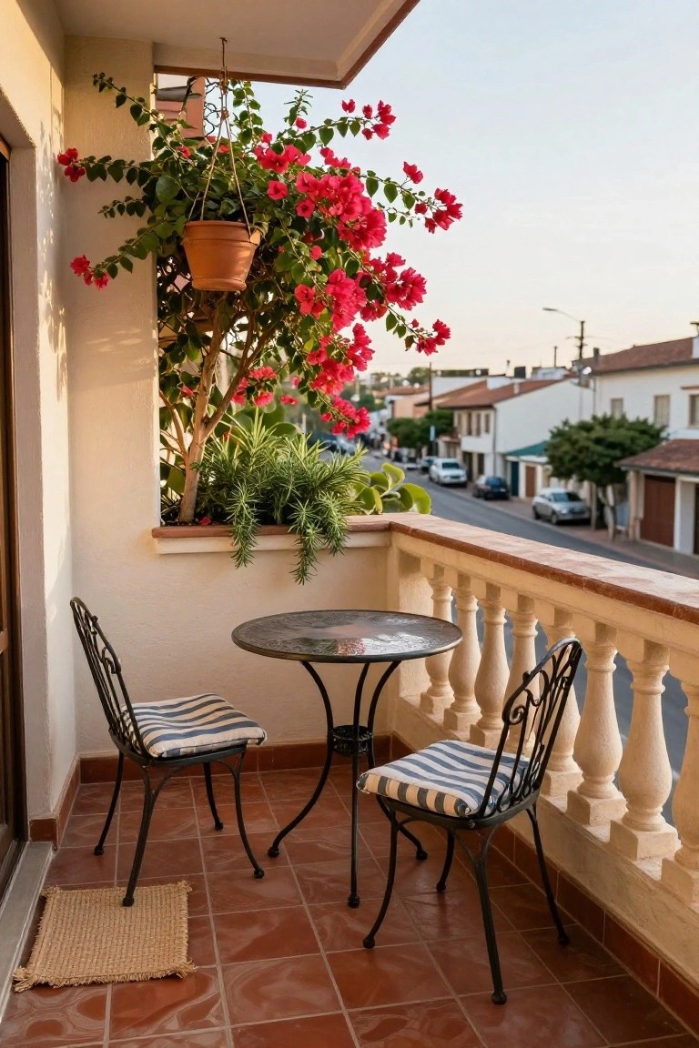 Small round metal table and two wrought-iron chairs with white-and-blue striped cushions on a terracotta-tiled balcony railing, with hanging red bougainvillea plants and a planted window box overlooking a street.