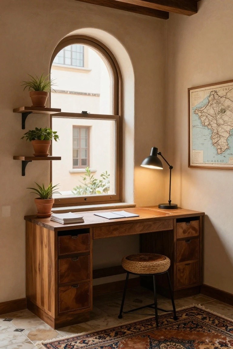 Corner of a room with a wooden desk featuring multiple drawers, a black adjustable lamp, stacked papers, potted plants on wall shelves next to an arched window, a framed vintage map, and a woven stool on a patterned rug.
