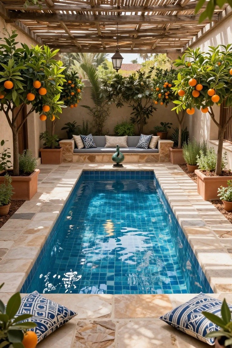 Narrow rectangular blue-tiled plunge pool in a stone-paved courtyard flanked by built-in cushioned bench seating, orange trees in terracotta pots, potted herbs, and a reed pergola overhead.