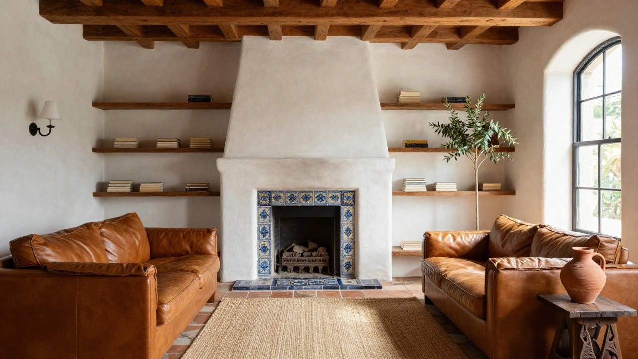 Cozy living room interior with white plaster walls, wood-beam ceiling, arched window, olive tree plant, brown leather sofa, wooden coffee table, seagrass rug, and fireplace with blue and white patterned tile surround on terracotta floors.