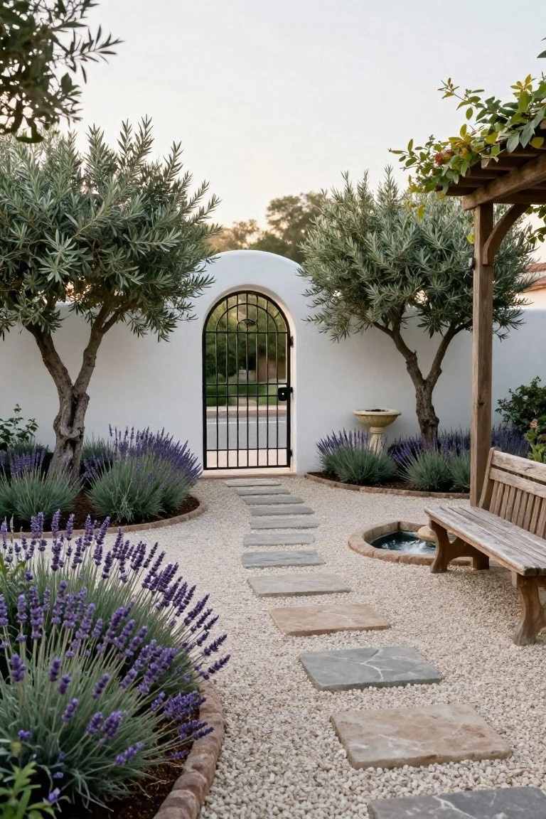 White stucco wall with black arched iron gate between two olive trees, gravel ground with irregular stone stepping stones as a path through lavender and agave plantings, wooden bench near a birdbath.