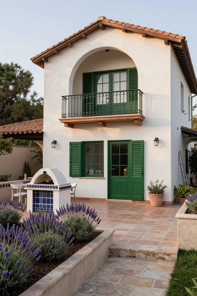 White stucco house with red tile roof, green shutters on arched windows and balcony, green front door, outdoor patio with white BBQ oven, chairs, lavender planters, and terracotta tile flooring.