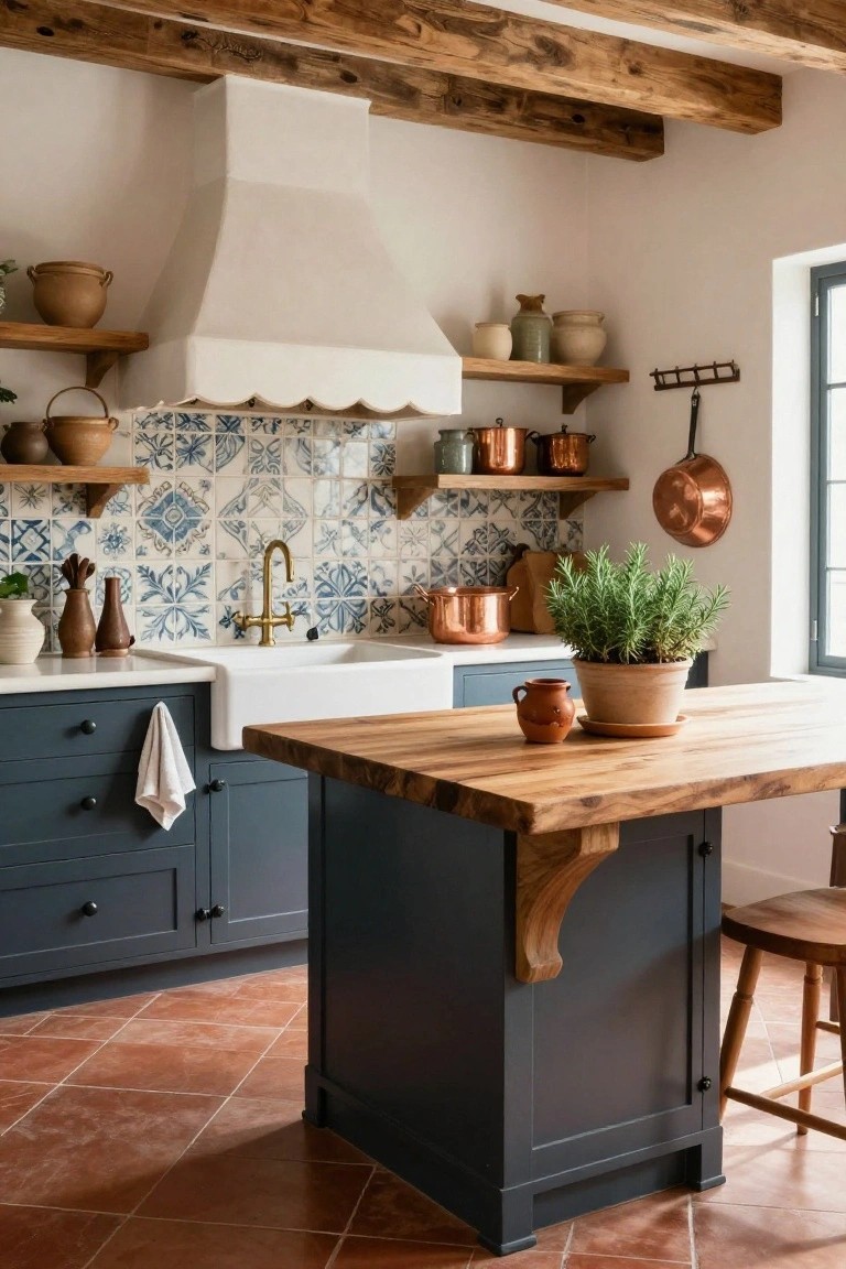 Rustic kitchen interior with navy lower cabinets, blue and white patterned tile backsplash, white farmhouse sink with gold faucet, wooden beamed ceiling, copper pots on shelves, butcher block island, and terracotta tile floor.