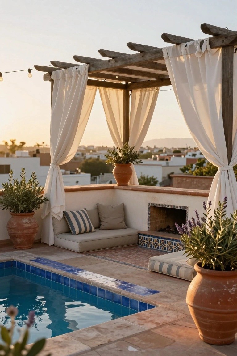 Rooftop terrace with wooden pergola draped in white curtains, low beige cushions on a platform by a tiled fireplace, potted plants in terracotta pots, and a small rectangular blue-tiled plunge pool, viewed at sunset with city buildings and mountains in background.