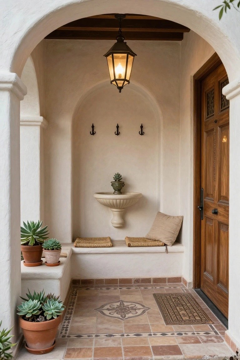 Arched white stucco porch alcove with wooden door, built-in bench with cushions, wall fountain topped with plant, hanging lantern, coat hooks, potted succulents, and terracotta tile floor with patterned mat.