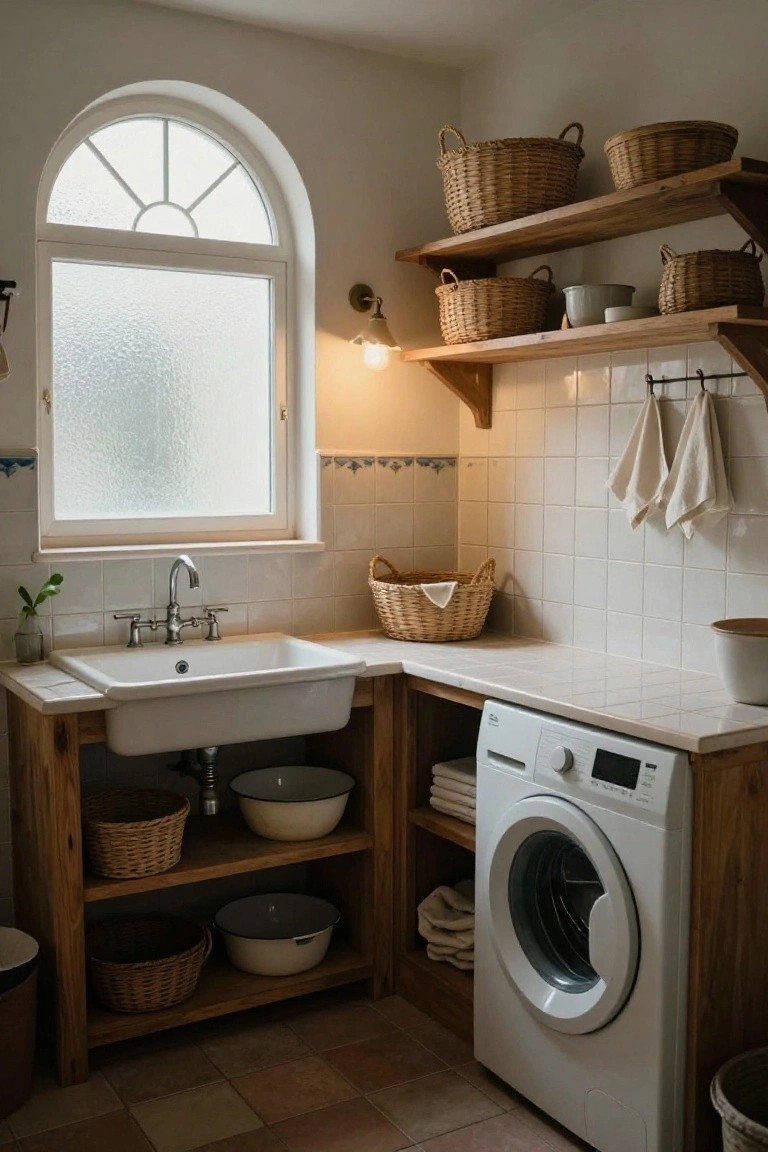 Laundry room interior with white farmhouse sink in wooden cabinetry, front-loading washer beside it, open wood shelves and cabinets filled with wicker baskets, white tiled walls, hanging towels, and arched frosted window.