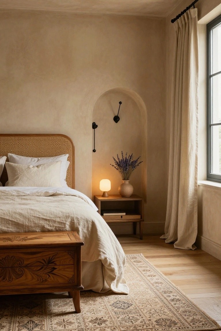 Bedroom with rattan headboard bed draped in white linens, wooden bench at foot, arched wall niche containing lavender vase on shelf with lamp and sconce, linen curtains on window, and patterned rug on wood floor.