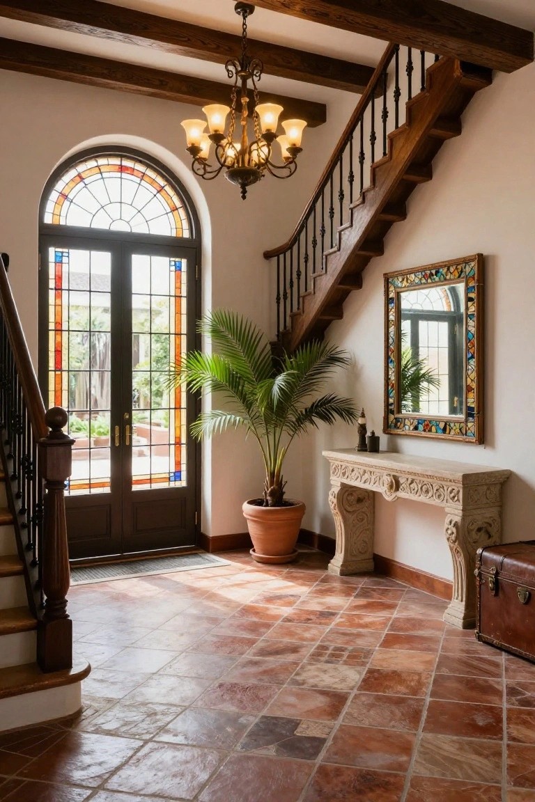 Sunlit interior entryway with terracotta tile floor, curved wooden staircase featuring wrought iron balusters, arched stained glass front doors, potted palm plant beside carved stone console table, colorful mosaic mirror, and vintage suitcase.