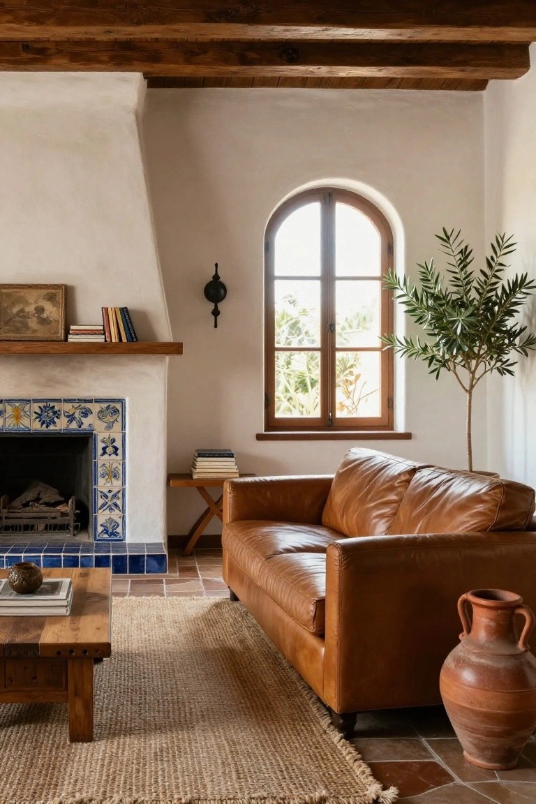Cozy living room interior with white plaster walls, wood-beam ceiling, arched window, olive tree plant, brown leather sofa, wooden coffee table, seagrass rug, and fireplace with blue and white patterned tile surround on terracotta floors.