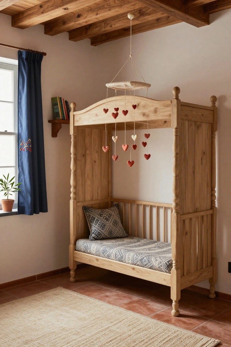 Wooden canopy bed resembling a small house with heart-shaped mobiles hanging above, in a bedroom with exposed beams, blue curtains, bookshelves, potted plant, and terracotta tile floor.