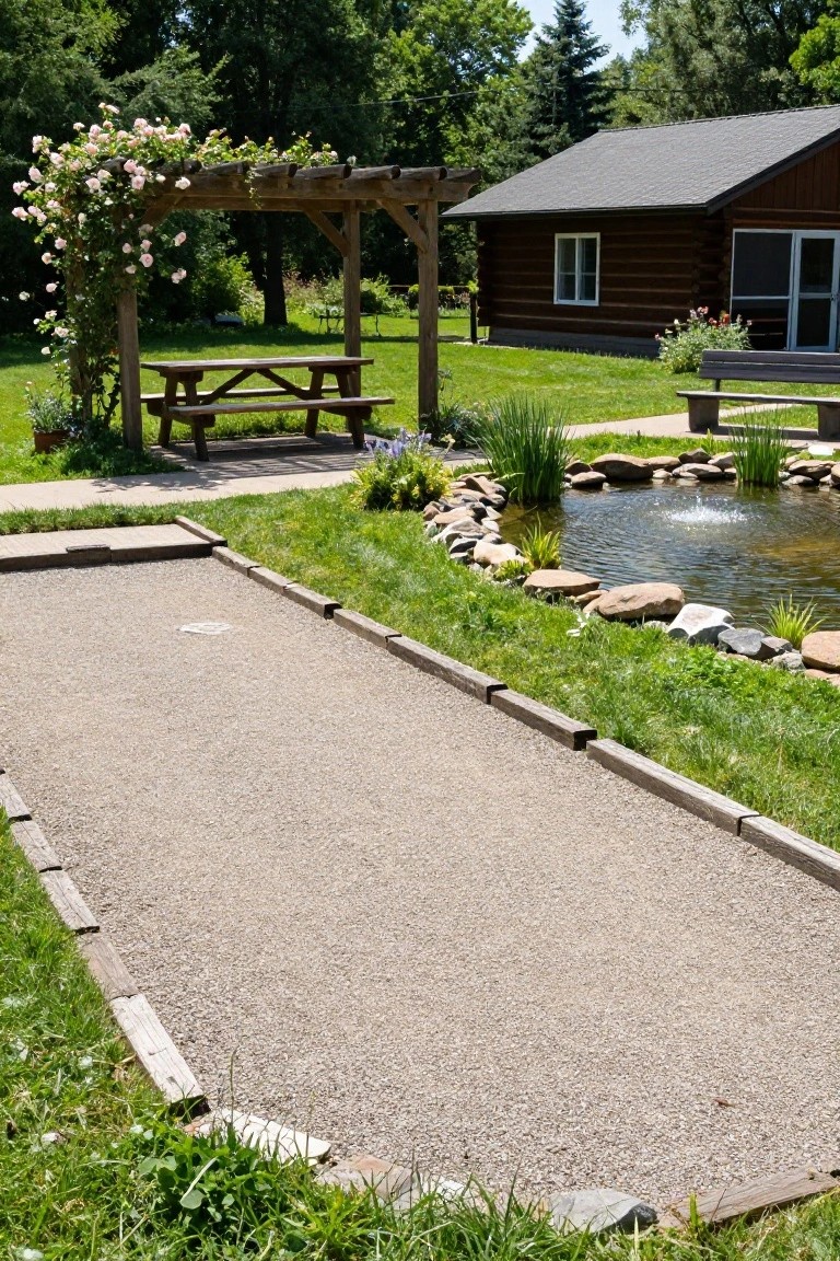 Long outdoor bocce ball court with wooden borders, adjacent to a landscaped pond, pergola-covered picnic table, benches, and a log cabin house in a grassy yard.