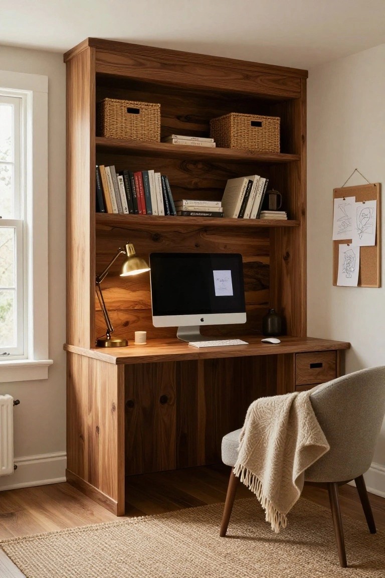 Tall wooden bookshelf unit with integrated desk, iMac computer, brass desk lamp, books, wicker baskets, and gray chair with throw in a light room with window.