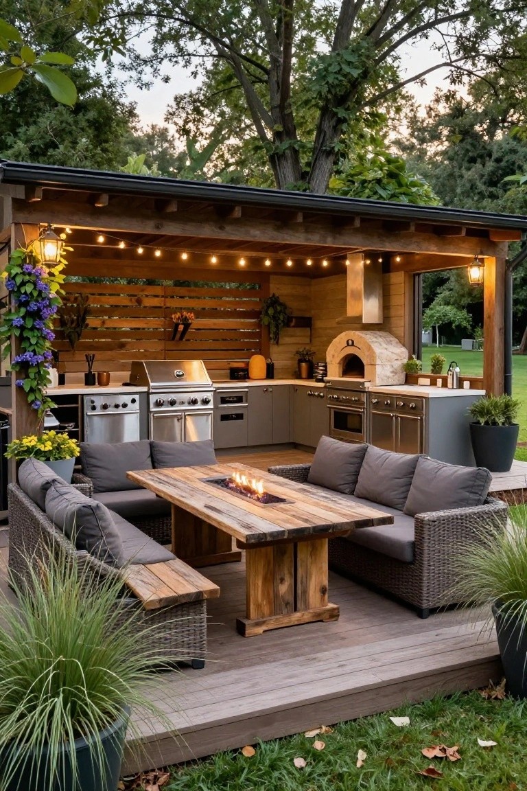 Wooden pergola-covered outdoor kitchen on a deck with stainless steel grill, stone pizza oven, gray cabinets, reclaimed wood fire table, gray wicker seating, string lights, and surrounding plants and trees.