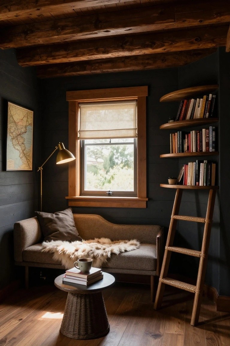 Small interior room with dark shiplap walls, exposed wooden beam ceiling, curved brown couch with sheepskin throw and pillows, woven side table holding stacked books and a mug, brass arc lamp, window with sheer shade overlooking trees, and tall wooden ladder leaning against curved bookshelves filled with books.